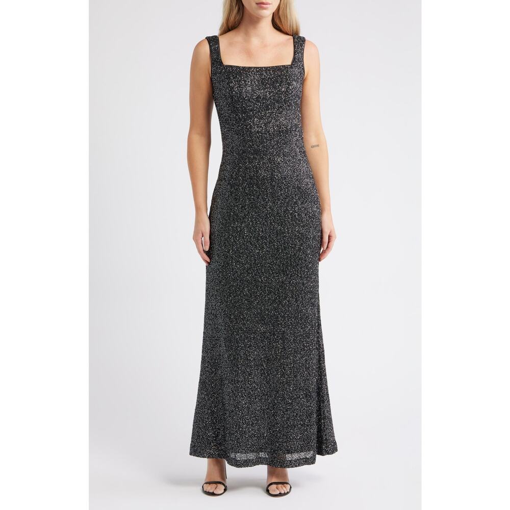 NWT Vince Camuto Black Metallic Shimmer Sleeveless Square Neck Gown Dress Sz 12